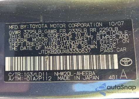 2008 Toyota Prius Touring z USA, uszkodzony, nr VIN JTDKB20UX83330837